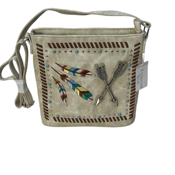 (7-198) Brand New w/Tag Western Theme Beige Shoulder Bag with Adjustable Strap - Picture 9 of 9